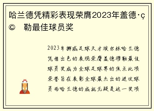 哈兰德凭精彩表现荣膺2023年盖德·穆勒最佳球员奖 哈兰德凭精彩表现荣膺2023年盖德·穆勒最佳球员奖